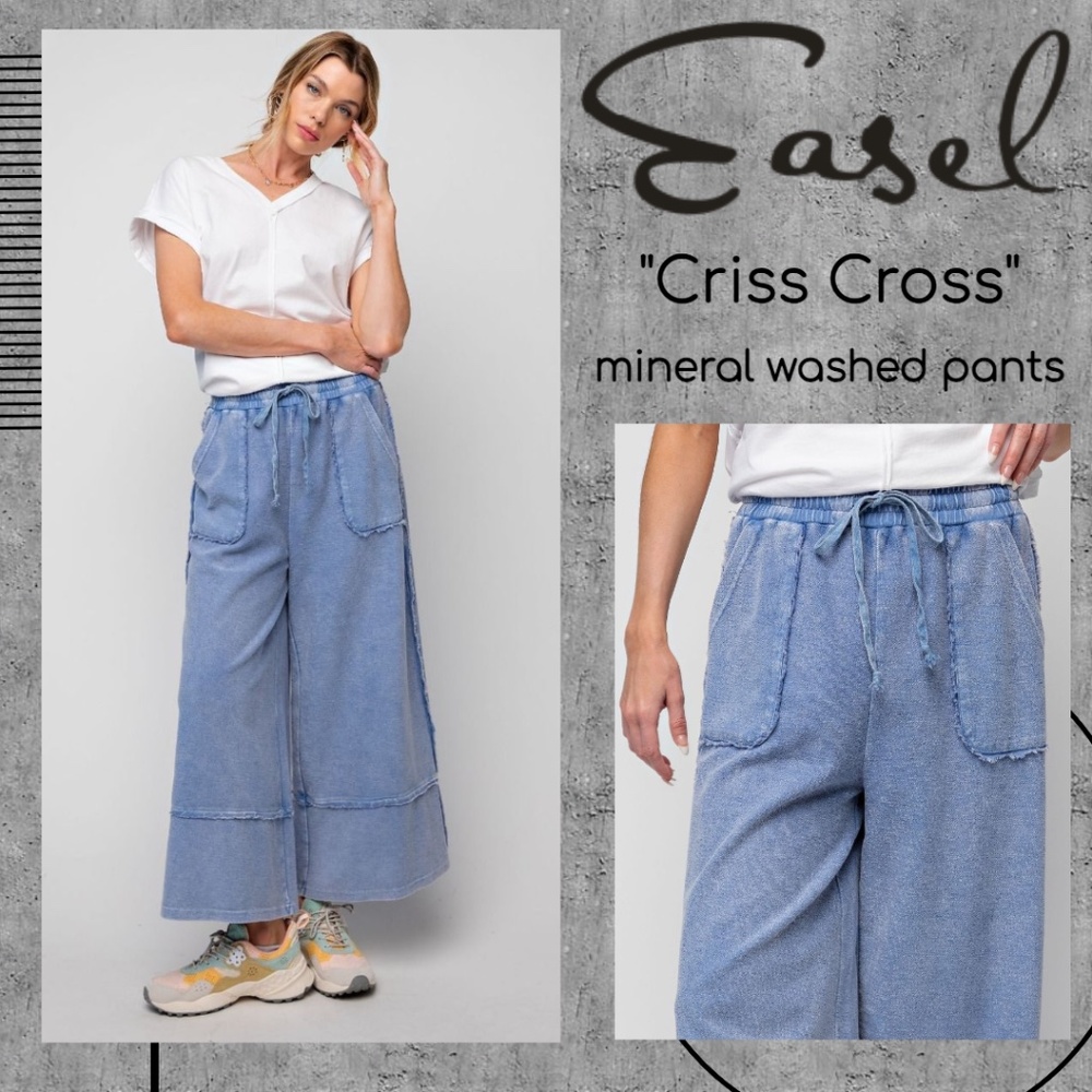 EASEL "Criss Cross" Mineral Washed Distressed Seams Cropped Pants Pockets Cotton